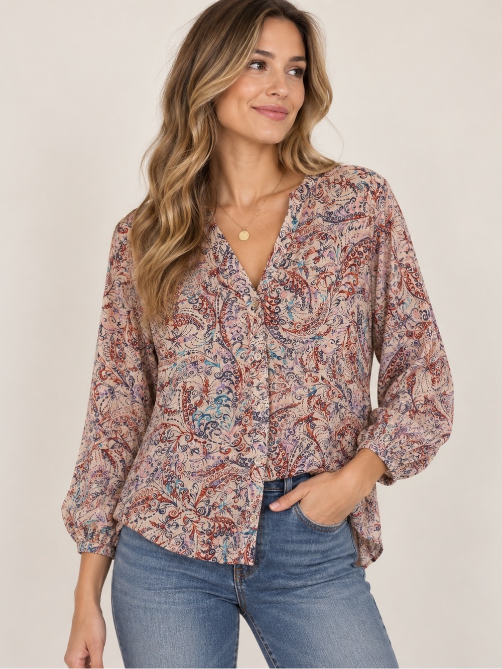 Gloria Vanderbilt Paisley Print Button Front Blouse Size S Boho